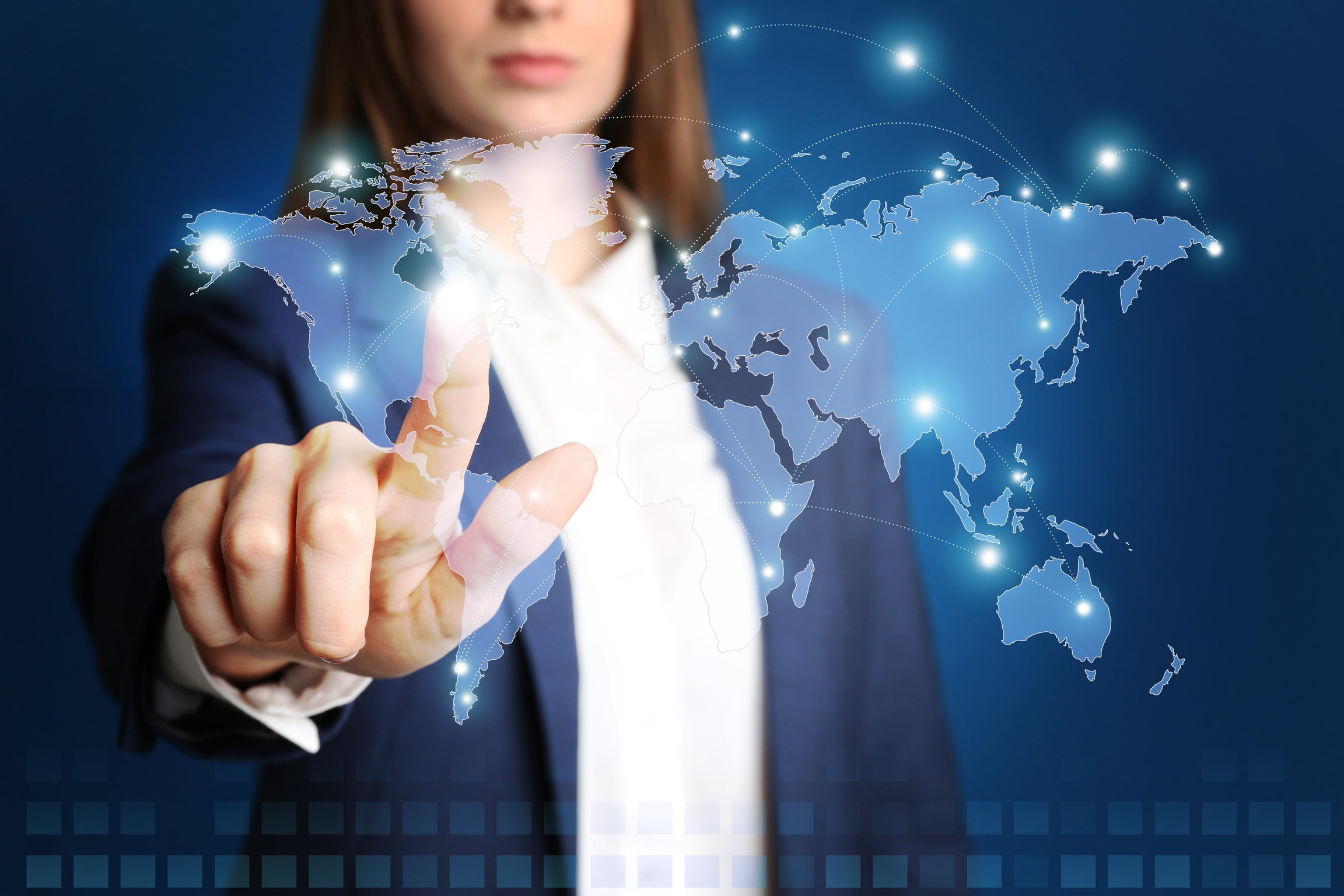 Travel Agency Services. Woman Touching World Map on Virtual Screen